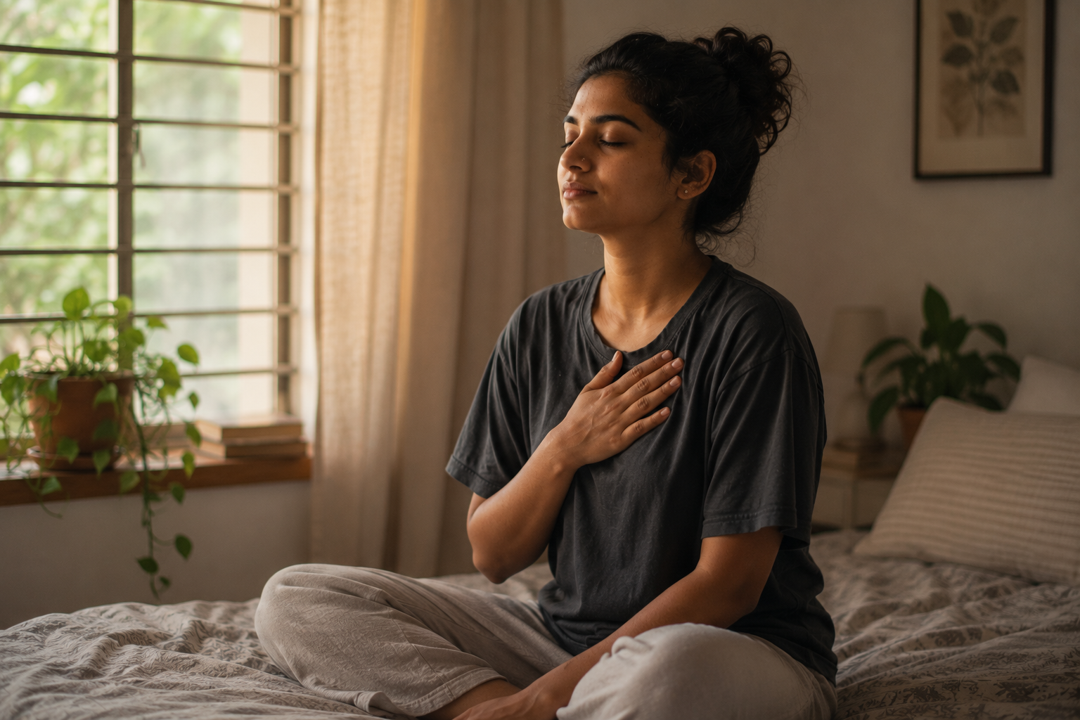 A woman taking a slow calming breath in soft morning light