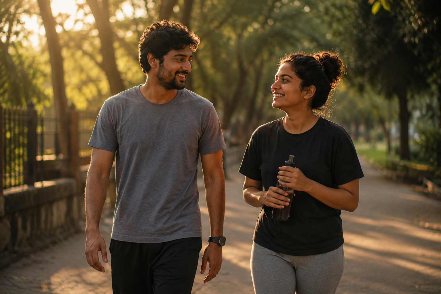 A couple taking an evening walk on a tree-lined path