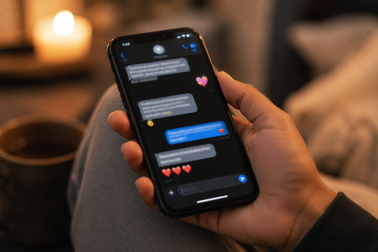 A hand holding a phone showing a warm simple message