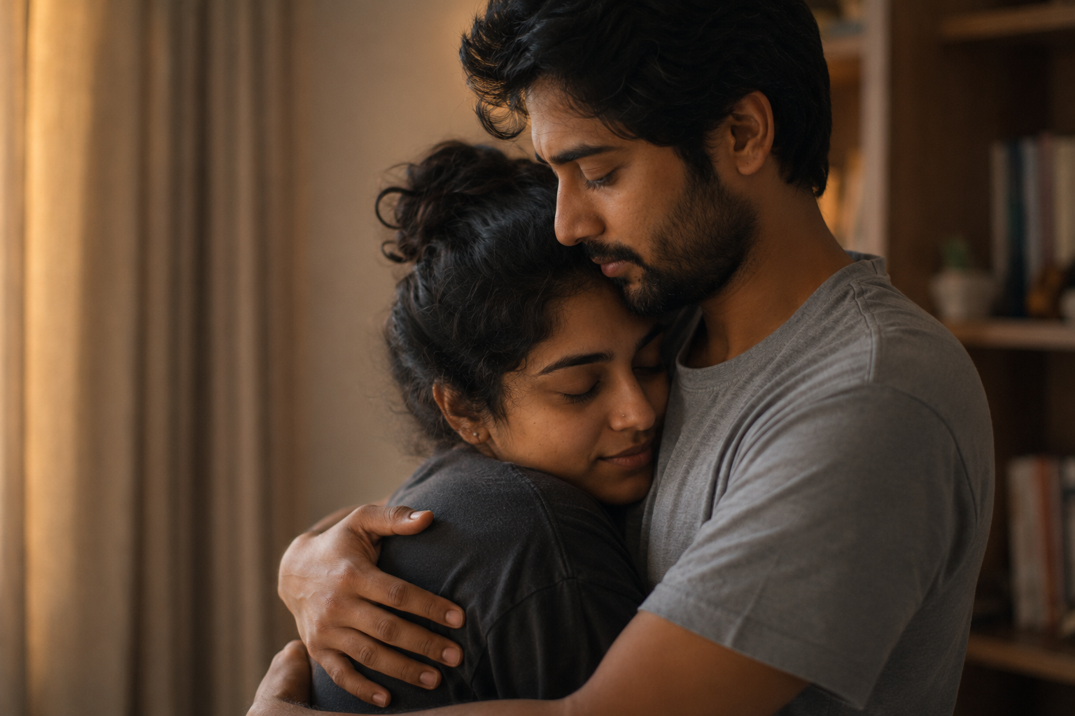 A couple in a soft comforting hug
