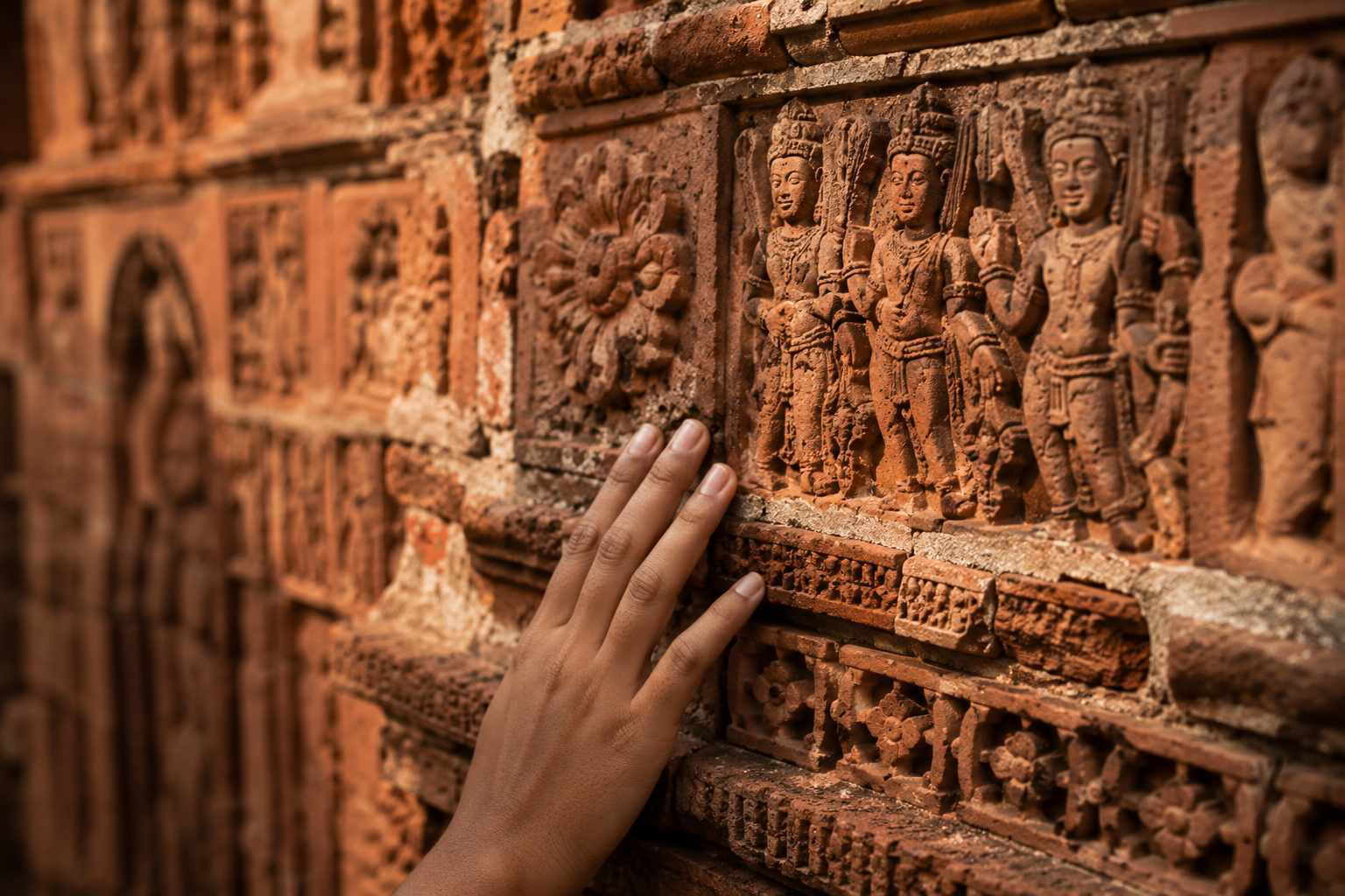 Carved terracotta temple wall in Bishnupur