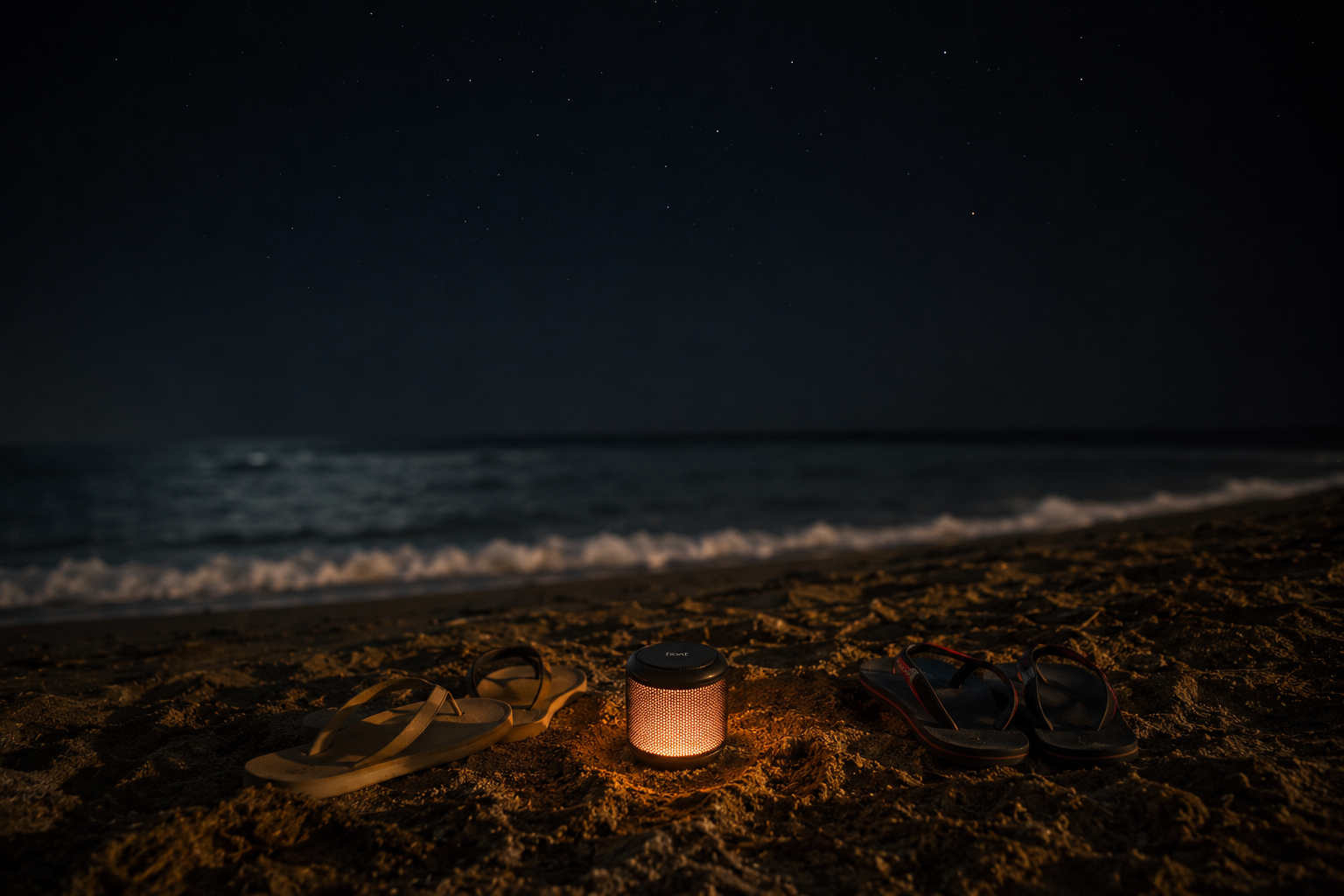 Small speaker glowing on a dark beach at night with two pairs of slippers