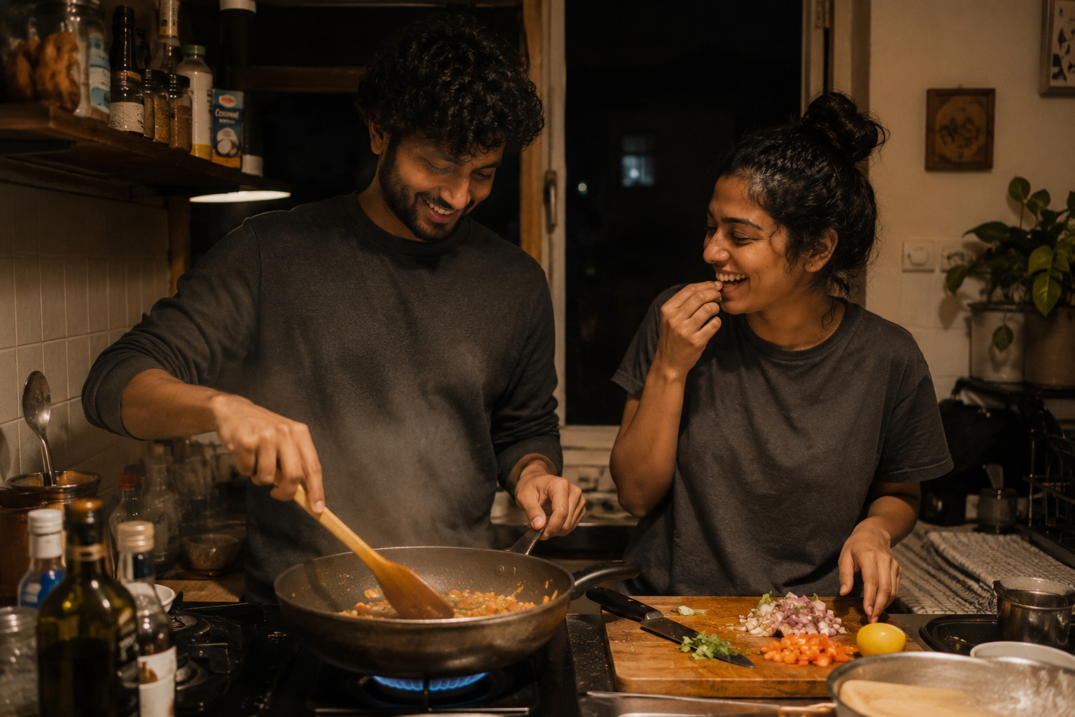 A couple cooking together in a warm home kitchen