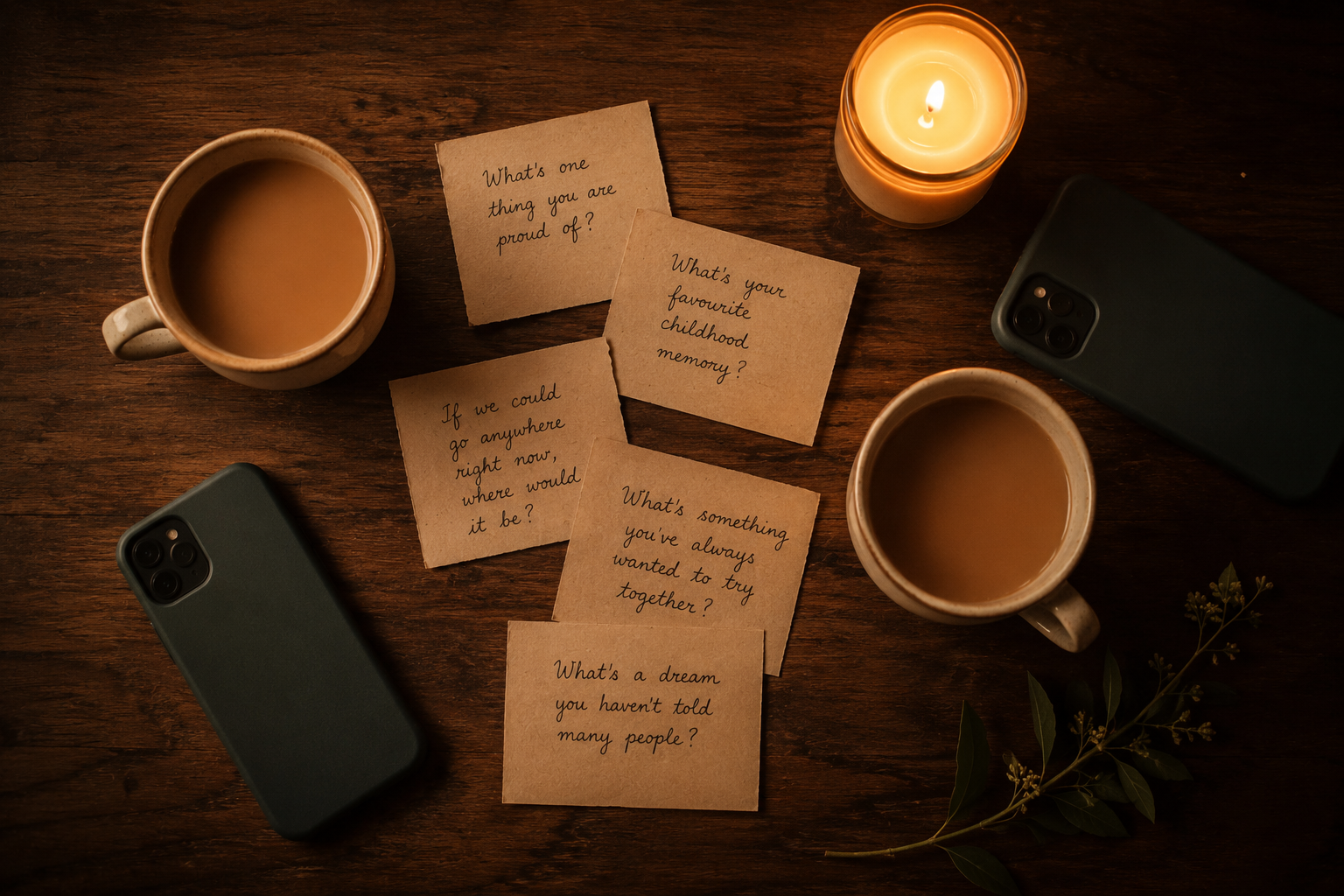 Tea, a candle and question chits on a table for date night