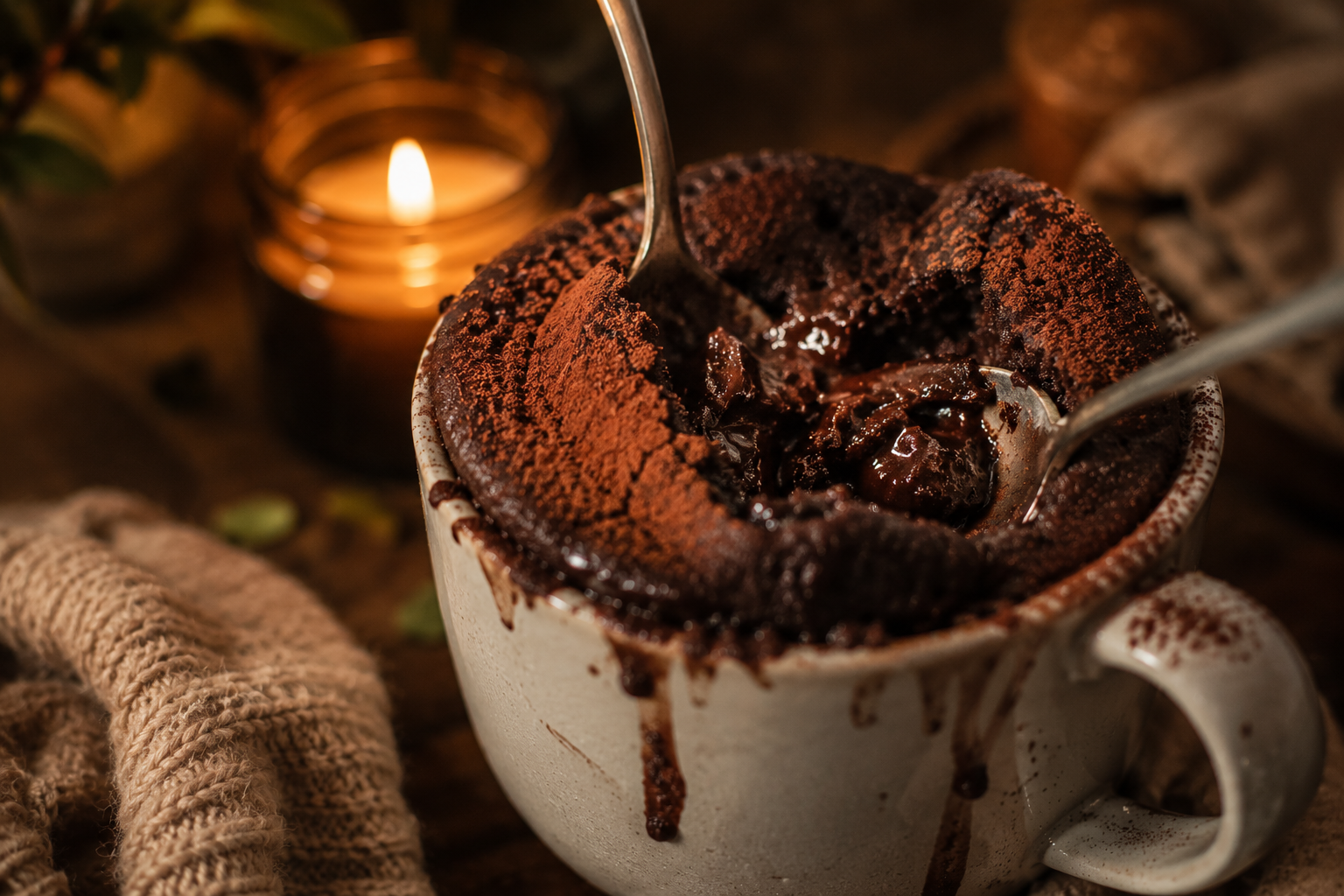 A warm chocolate mug cake with two spoons