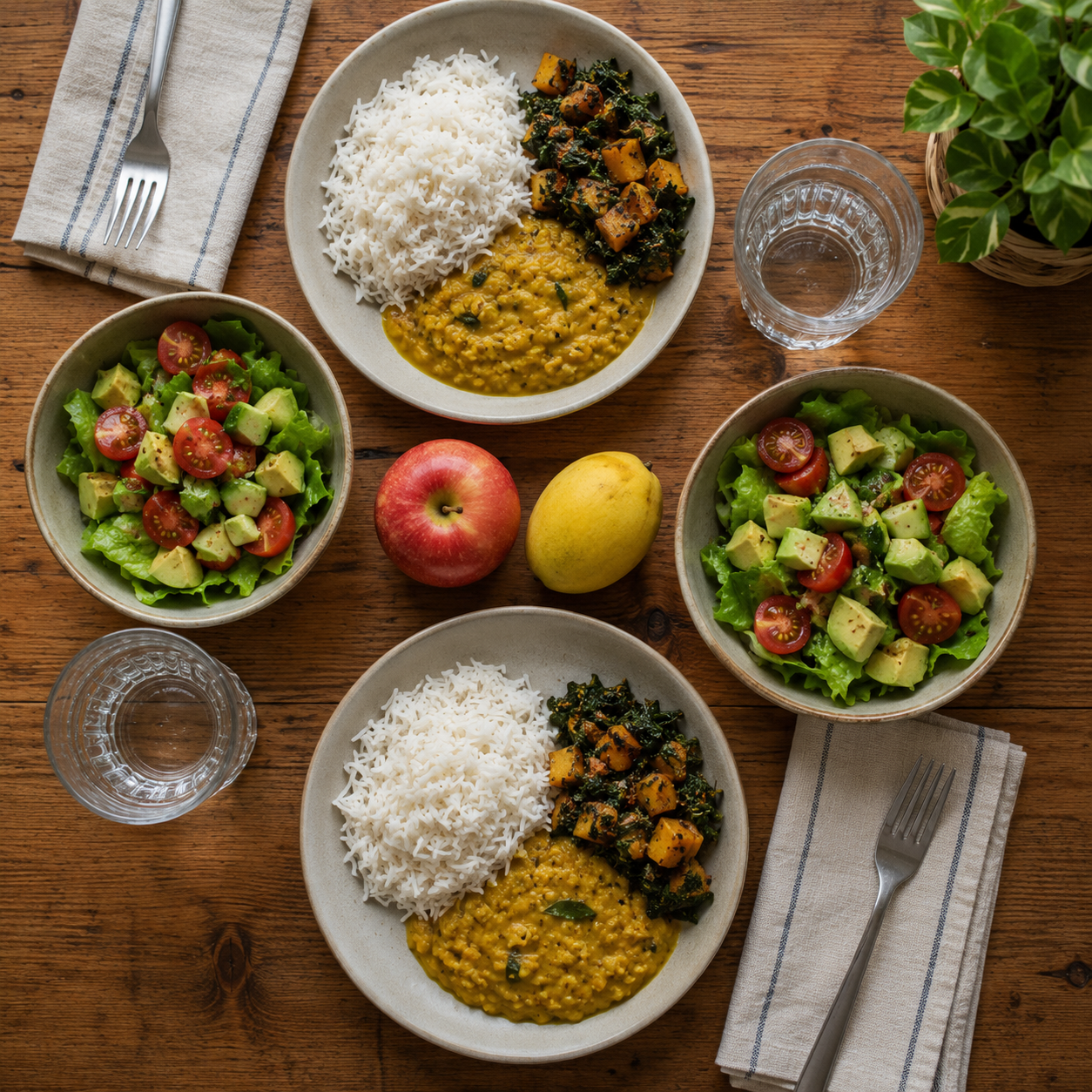 A fresh healthy meal and water for two on a wooden table