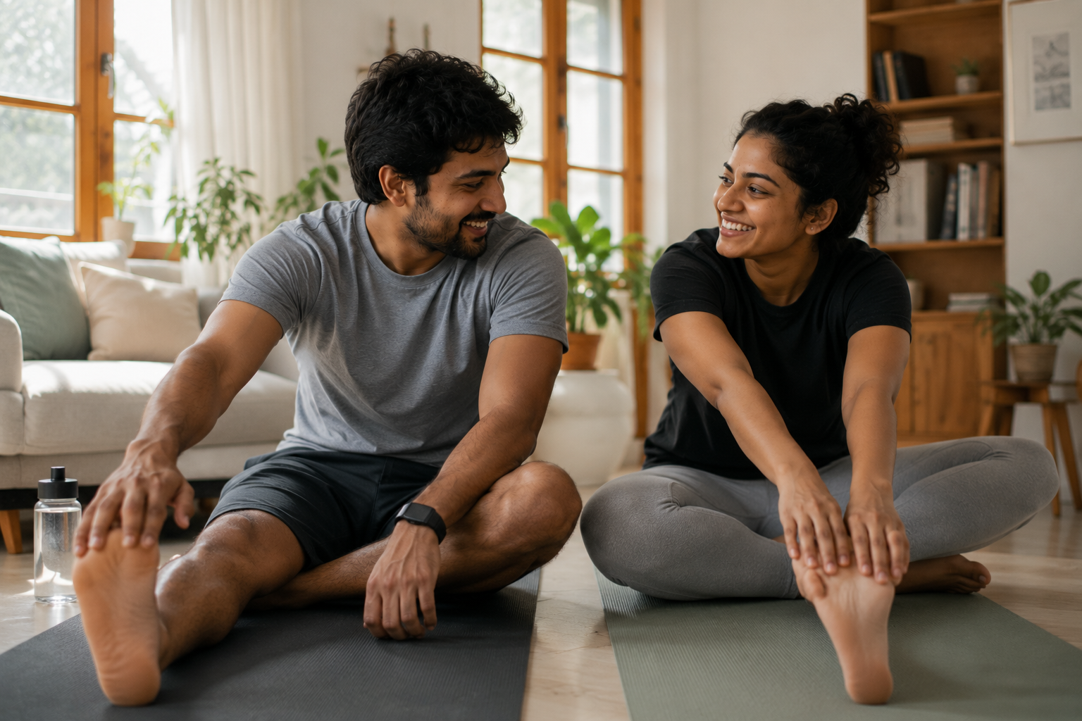 A couple doing light exercise together at home