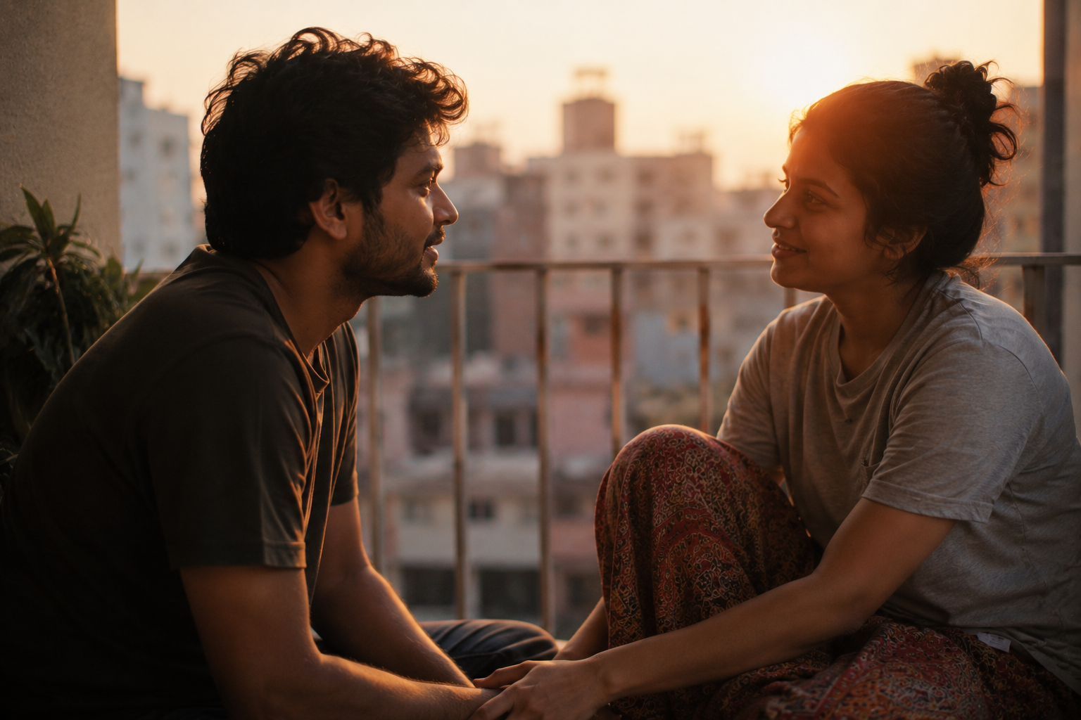 Couple on a balcony at golden hour talking quietly