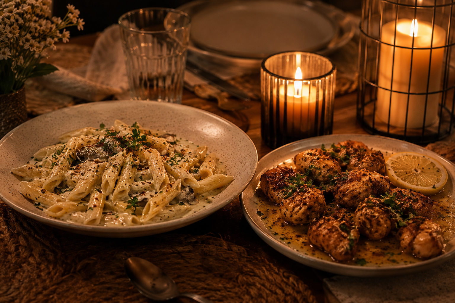 Creamy pasta and garlic butter chicken plated for two