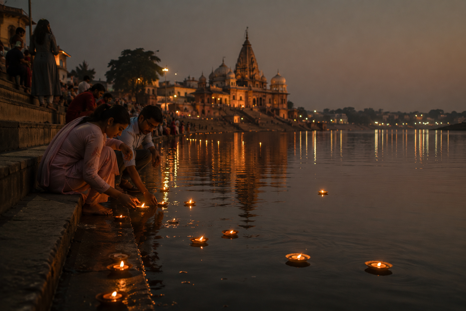 Mayapur riverside in the evening with floating diyas