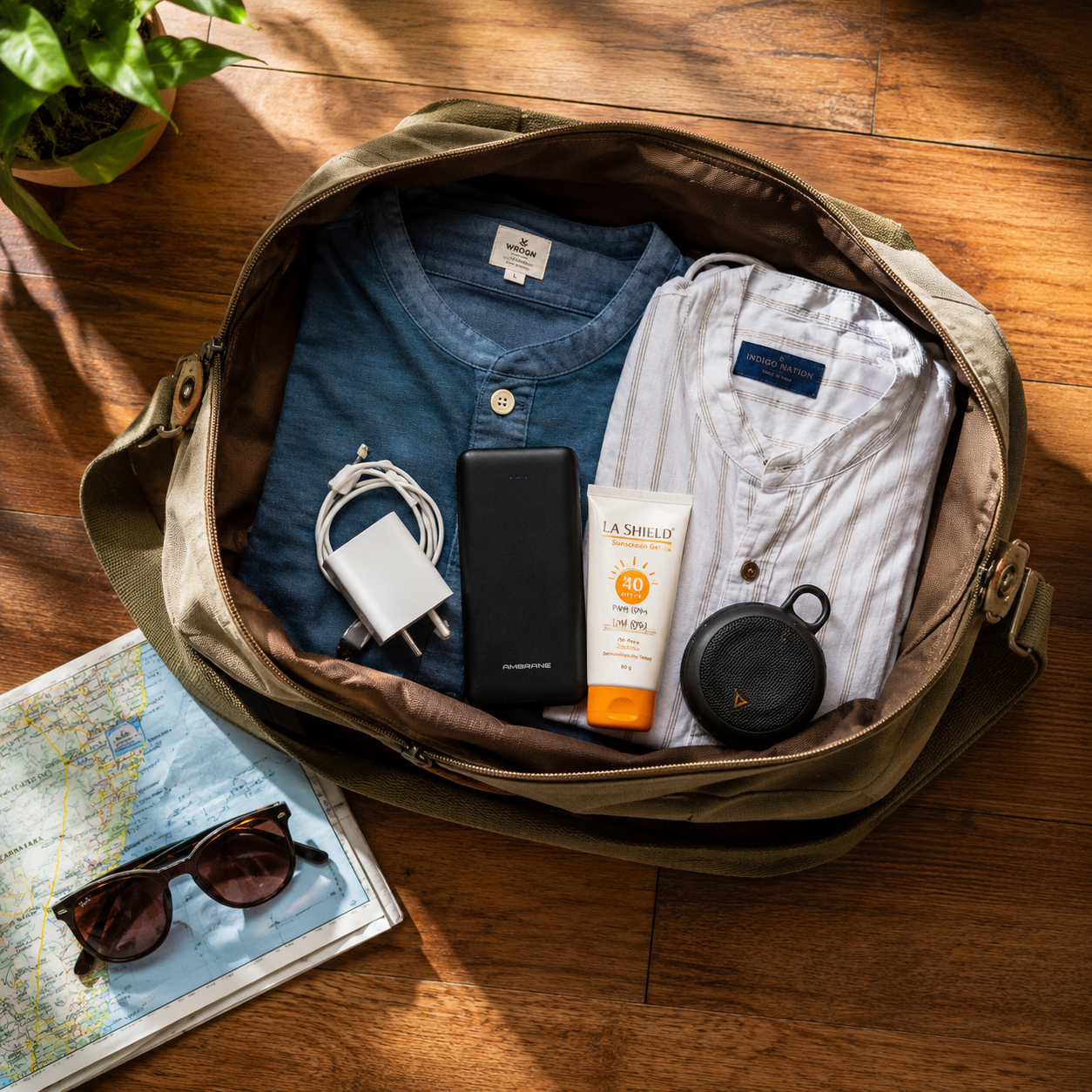 Flat lay of a small packed travel bag for a couple trip