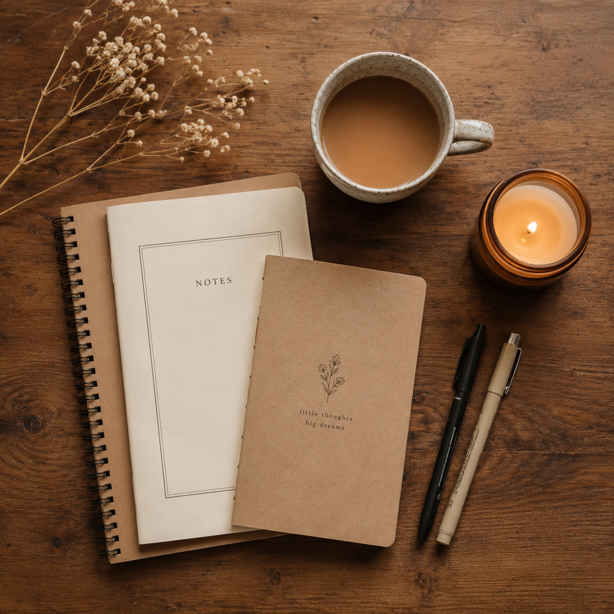 Notebooks, pens, tea and a candle on a wooden table