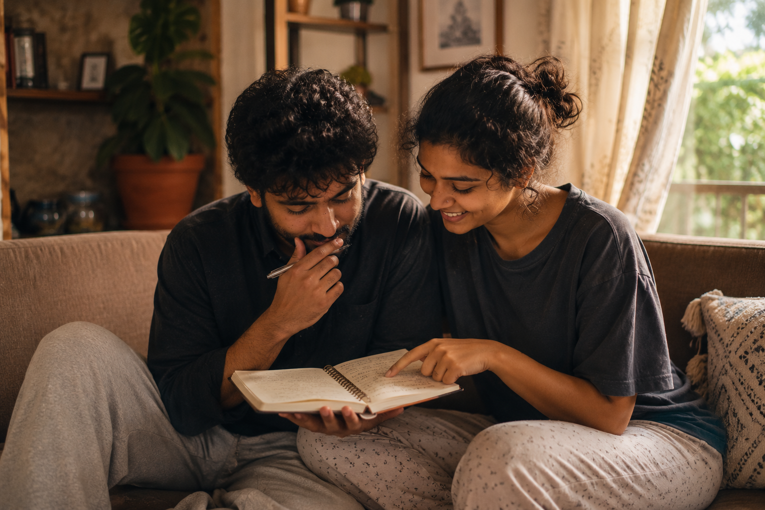 A couple thinking together over a shared notebook