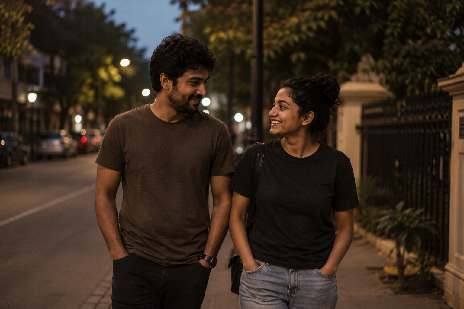 A couple taking a short evening walk after work