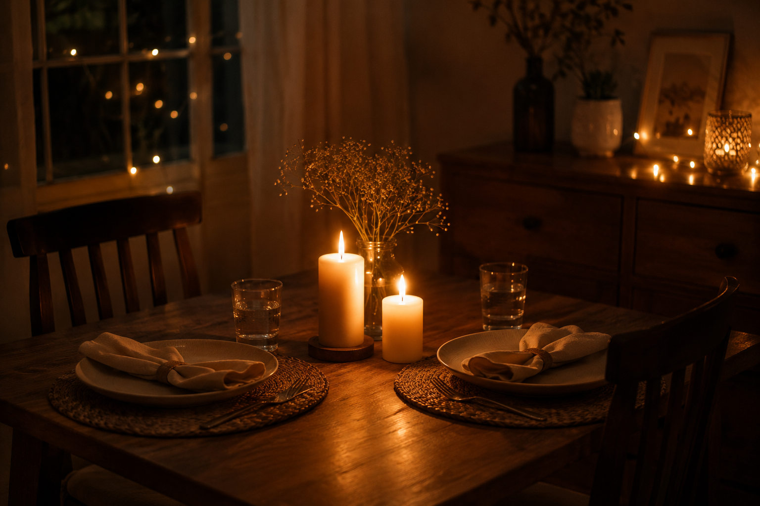 A small home dining table set for two with candles