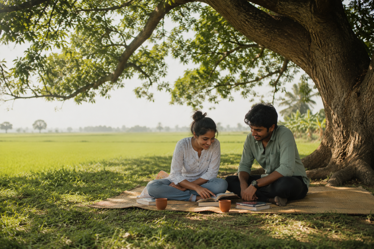 Open green field with one big tree in Shantiniketan