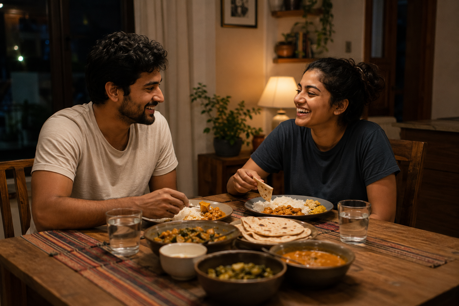 A couple having a phone-free dinner together at home