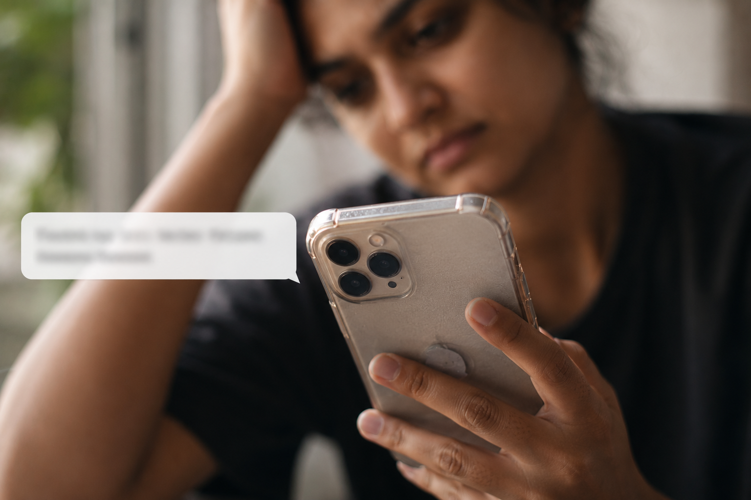 A hand holding a phone with a plain message on screen