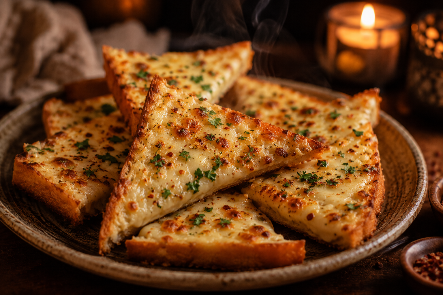 Golden garlic cheese toast triangles on a plate