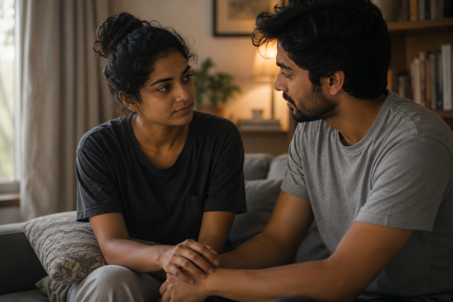 A couple holding hands in a gentle honest conversation
