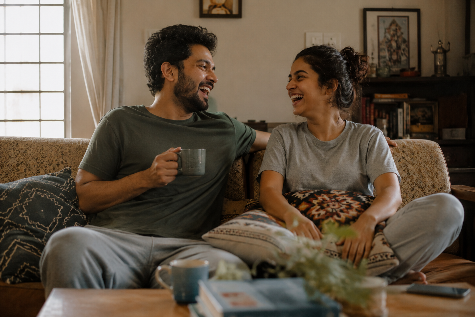 Couple laughing together on a sofa