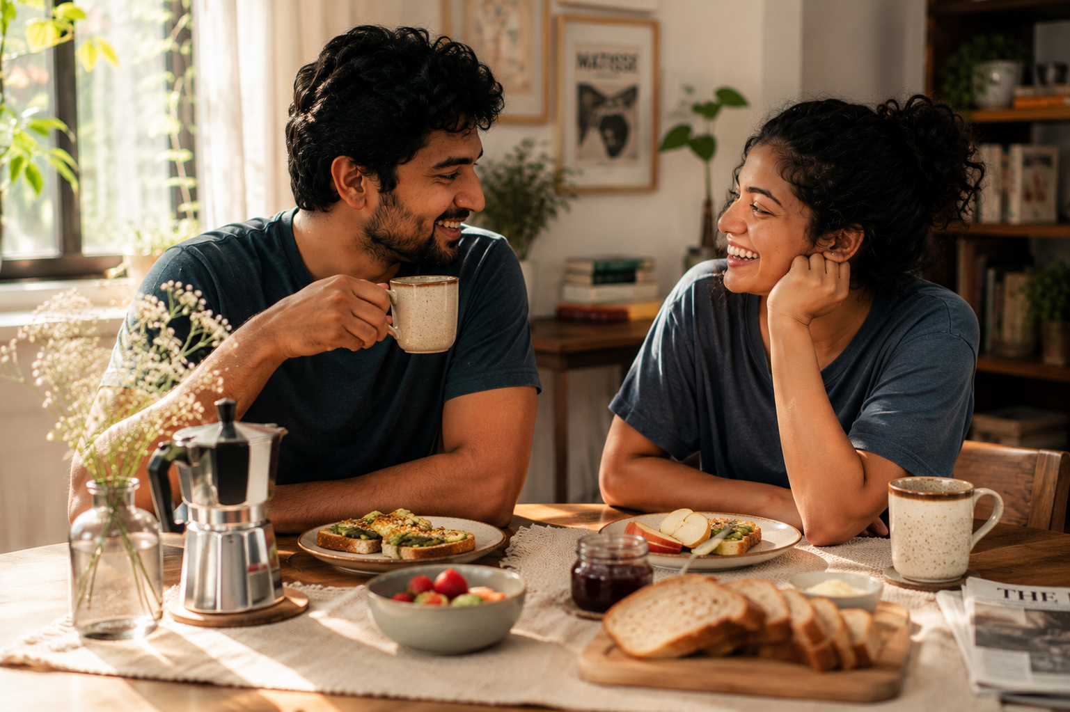 A couple having a slow lazy weekend breakfast at home