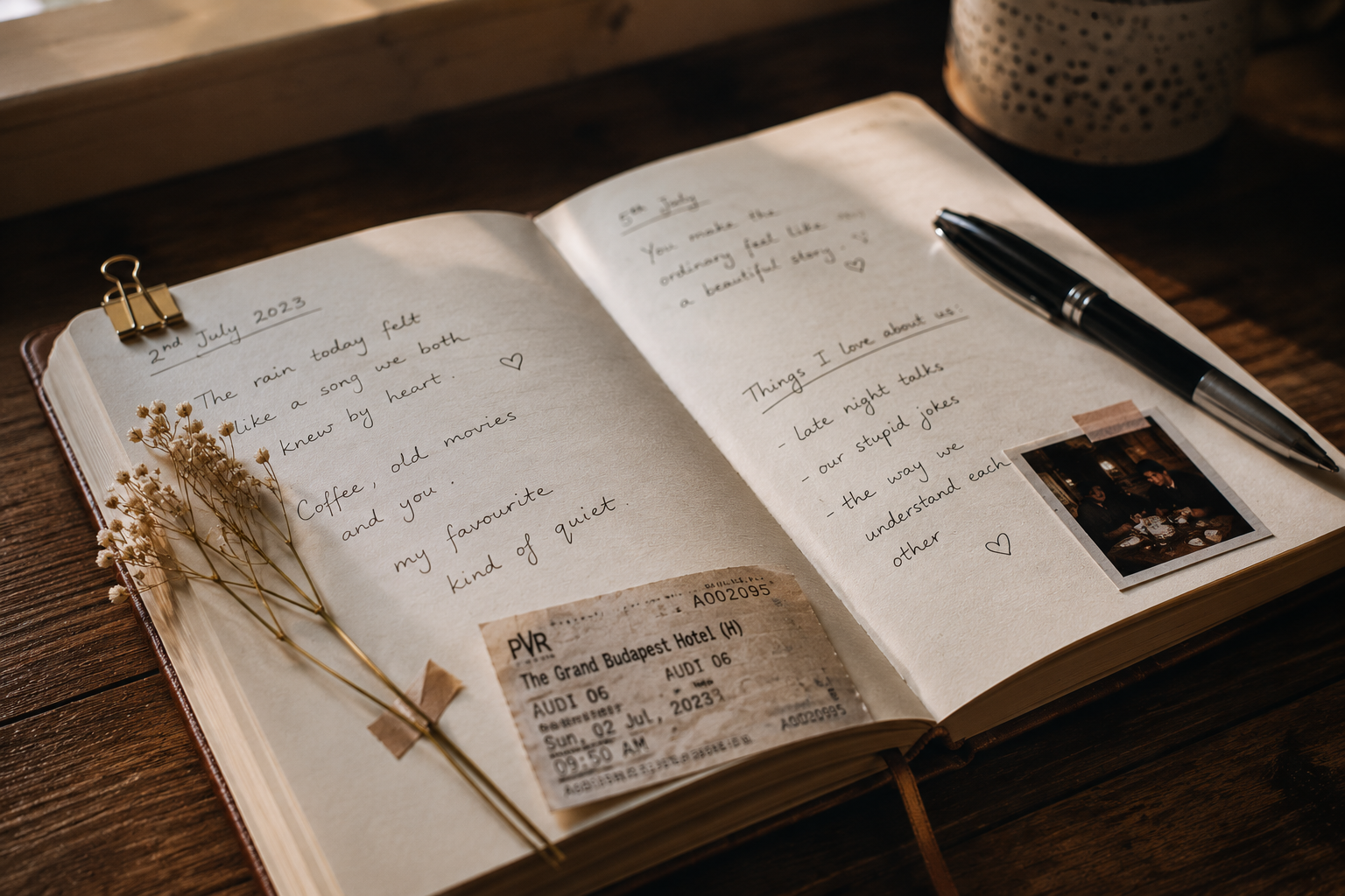 An open handwritten notebook with a movie ticket and dried flower
