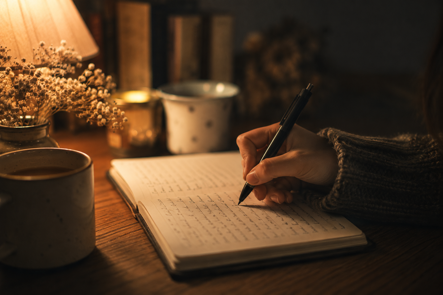 A hand writing in a notebook by warm lamp light