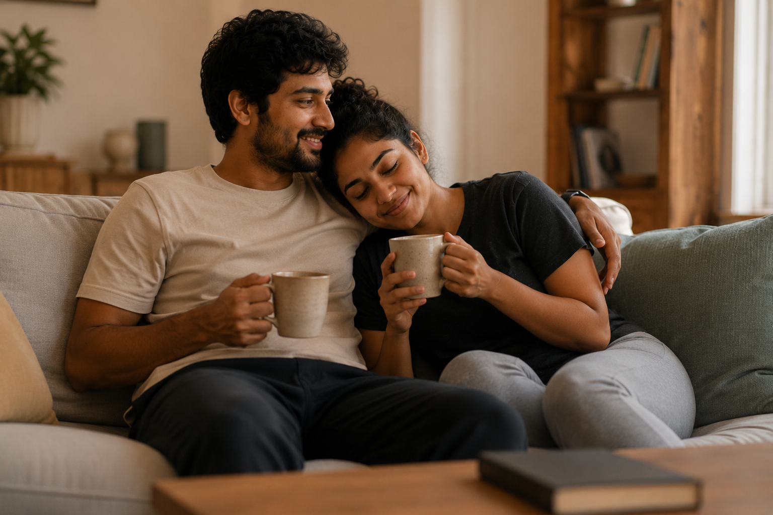 A couple resting together on a sofa with warm tea