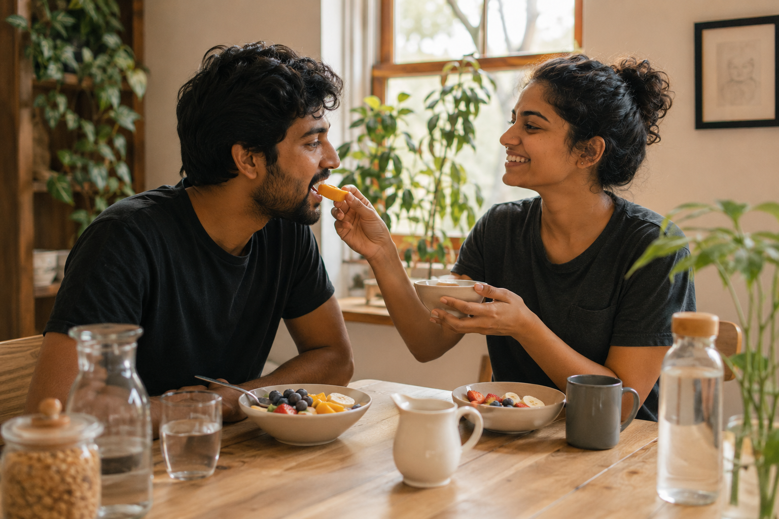 A couple sharing a healthy breakfast in the morning light