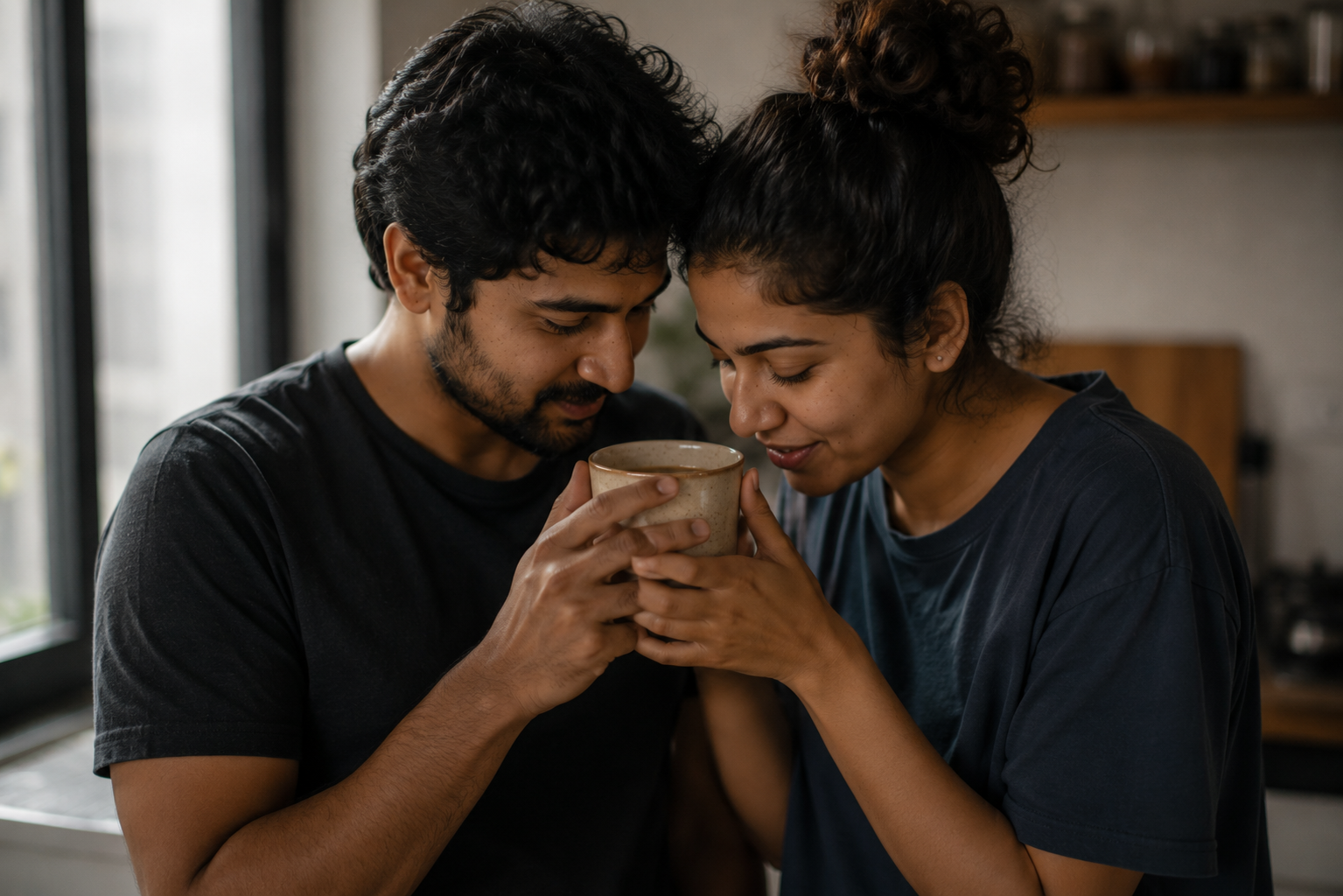 A couple sharing a single cup of tea on a busy morning