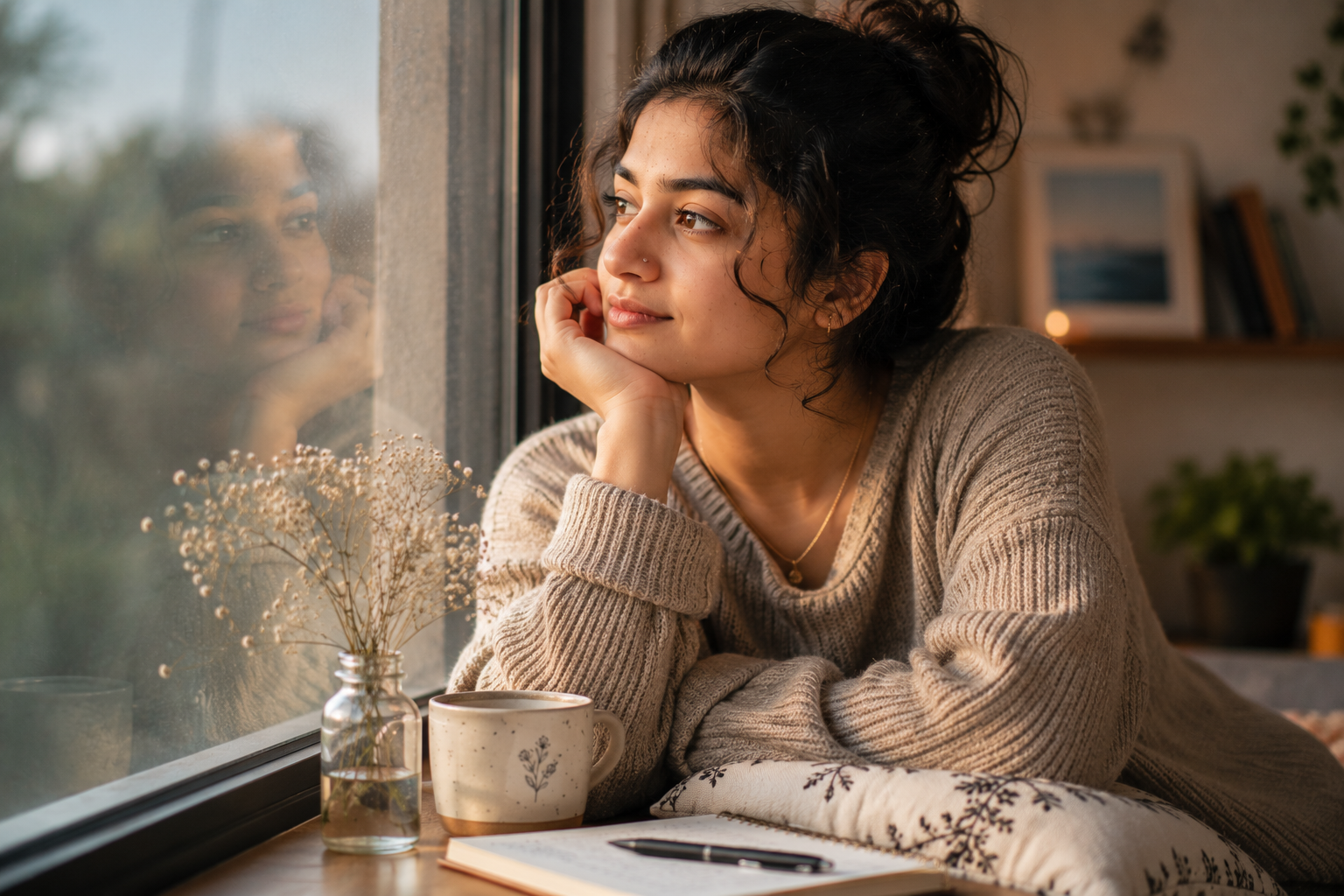 A person resting their chin on their hand near a window