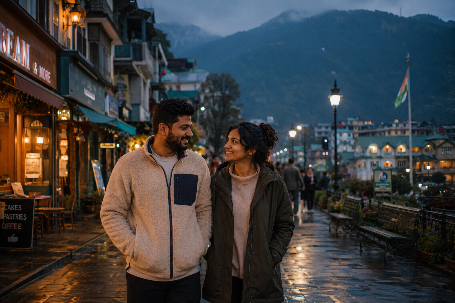 A couple taking a slow evening walk through a charming hill-town street