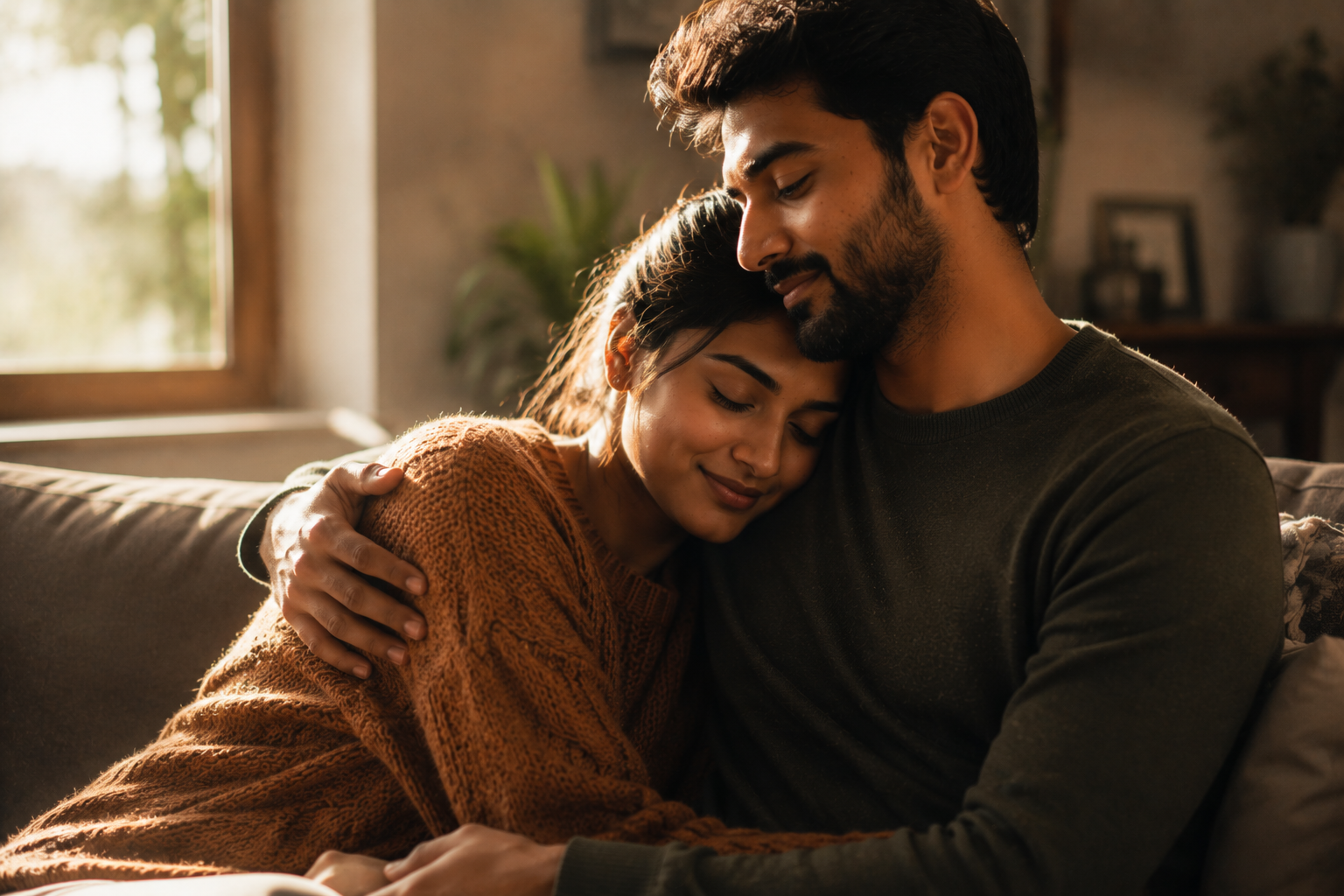A couple in a gentle embrace with soft smiles