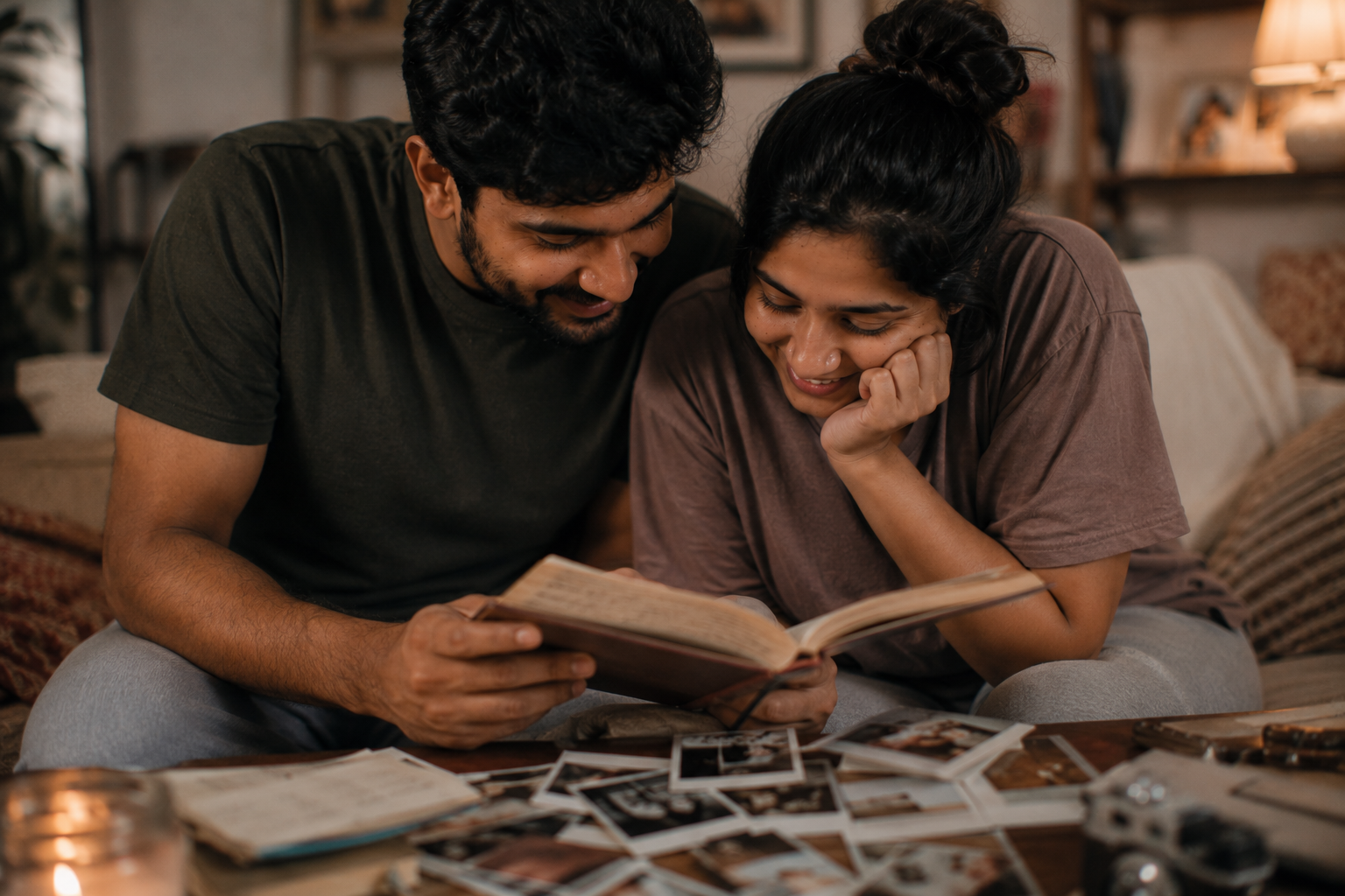 A couple smiling and reading back through old journal entries together