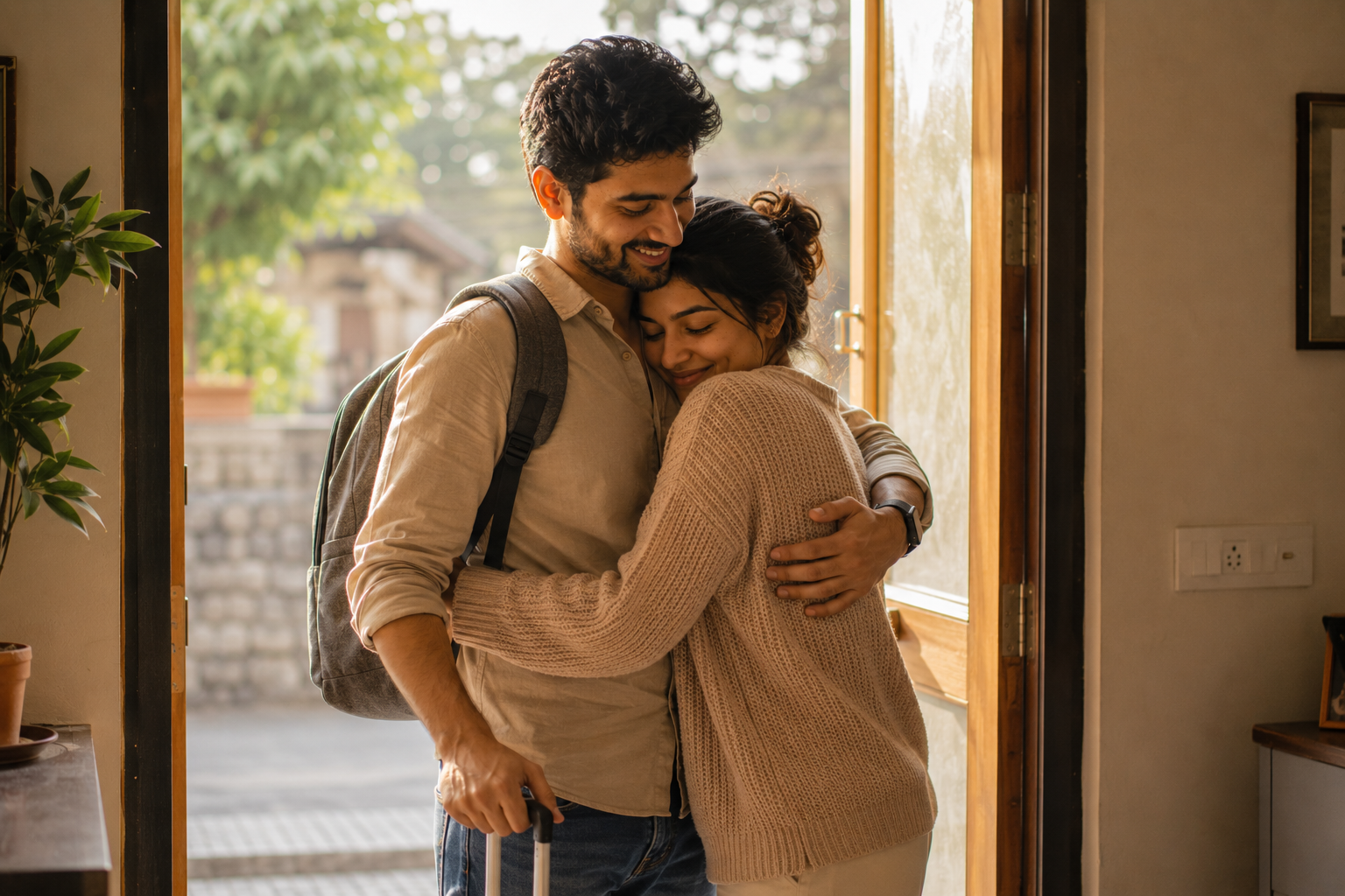 A couple sharing a warm hug and goodbye at the door in morning light
