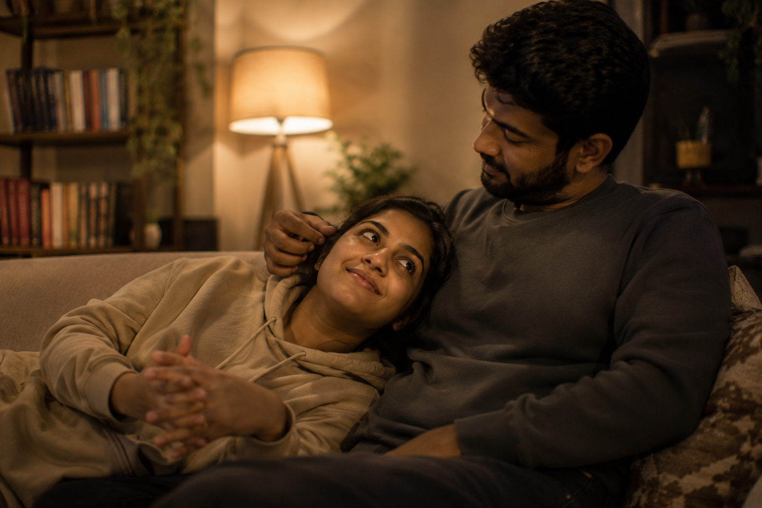 A couple holding hands on a sofa while one plays with the other's hair