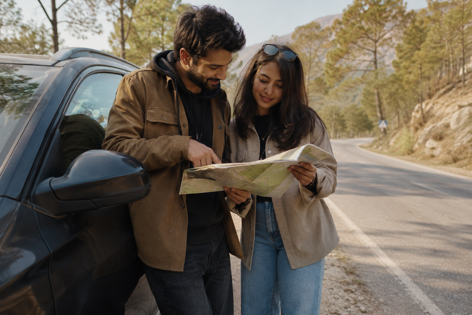 A couple checking a map together beside their car on a scenic road