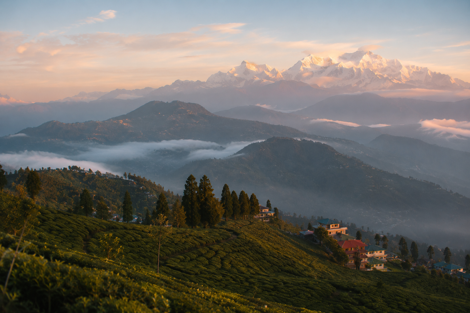 Misty Darjeeling hills with tea slopes and distant snow peaks