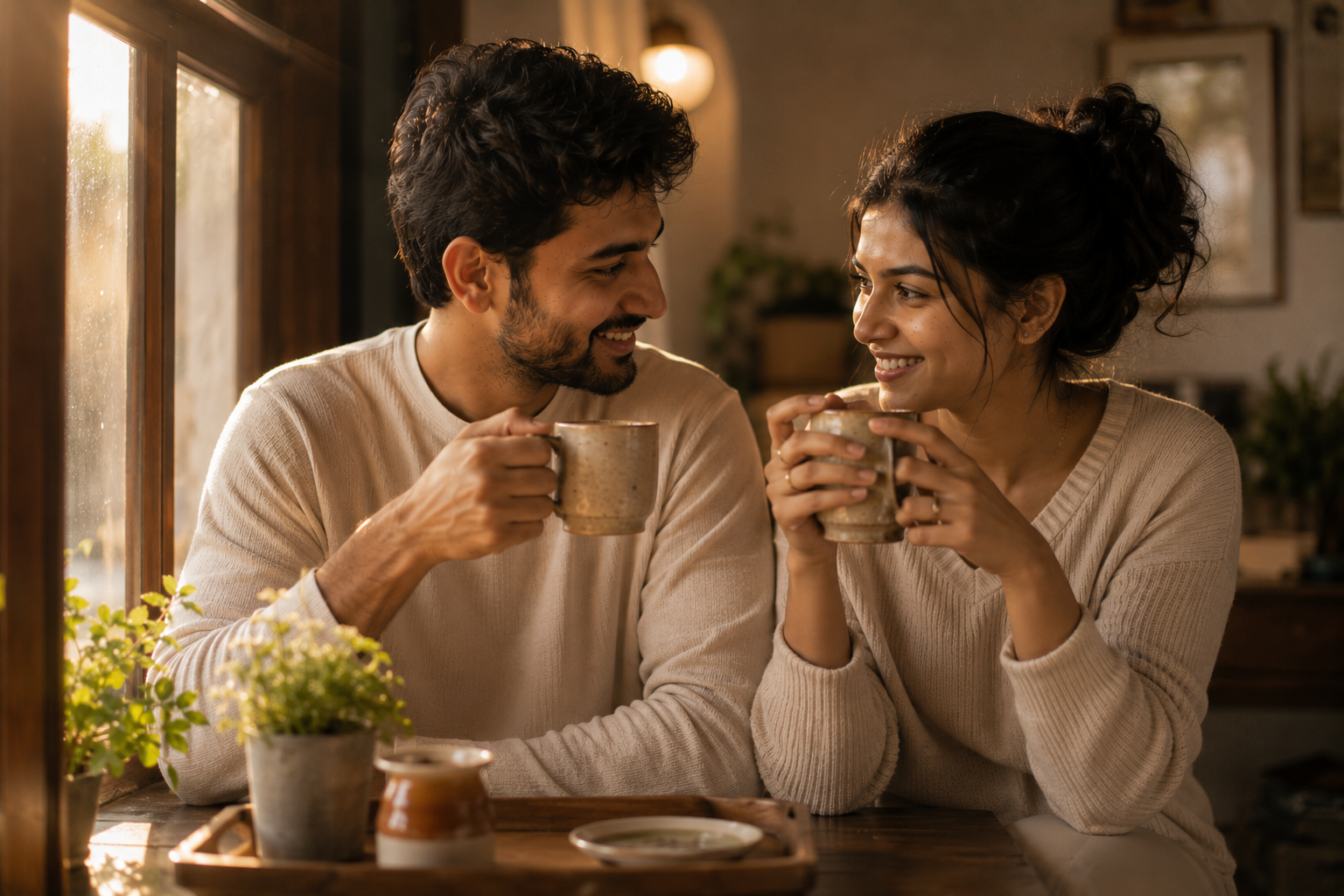 A couple sharing morning chai at a small table with no phones