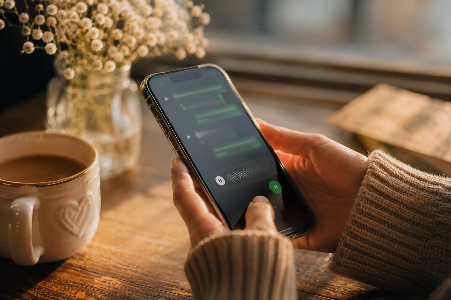 A hand holding a phone sending a voice note in soft morning light