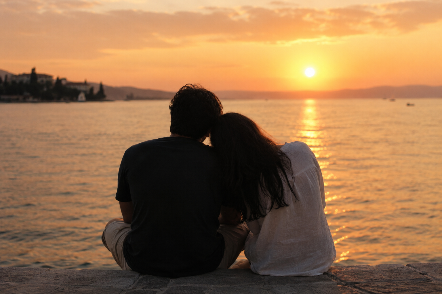 A couple sitting close by a lake at sunset with golden light reflecting on the water