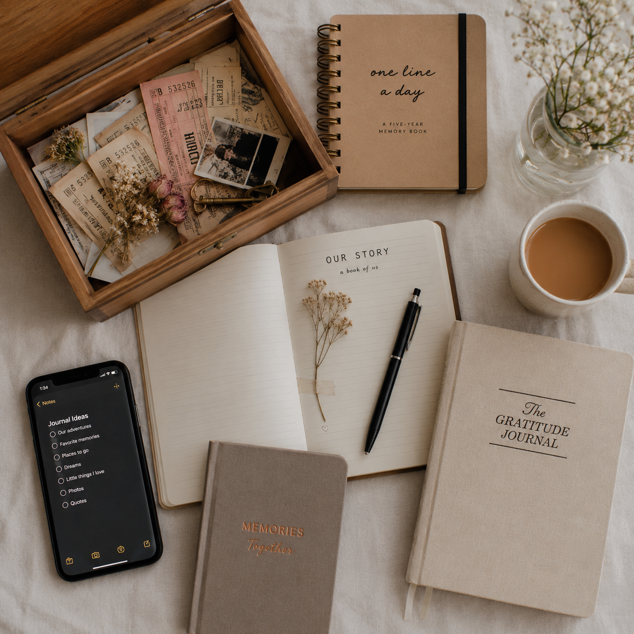 Different journaling options laid out: a notebook, a pen, a memory box and a phone notes app