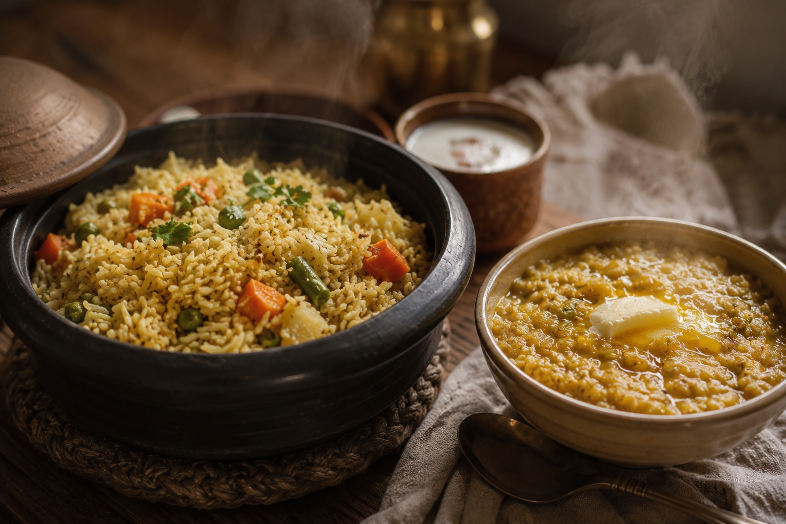 A single pot of warm veg pulao and a bowl of khichdi topped with ghee