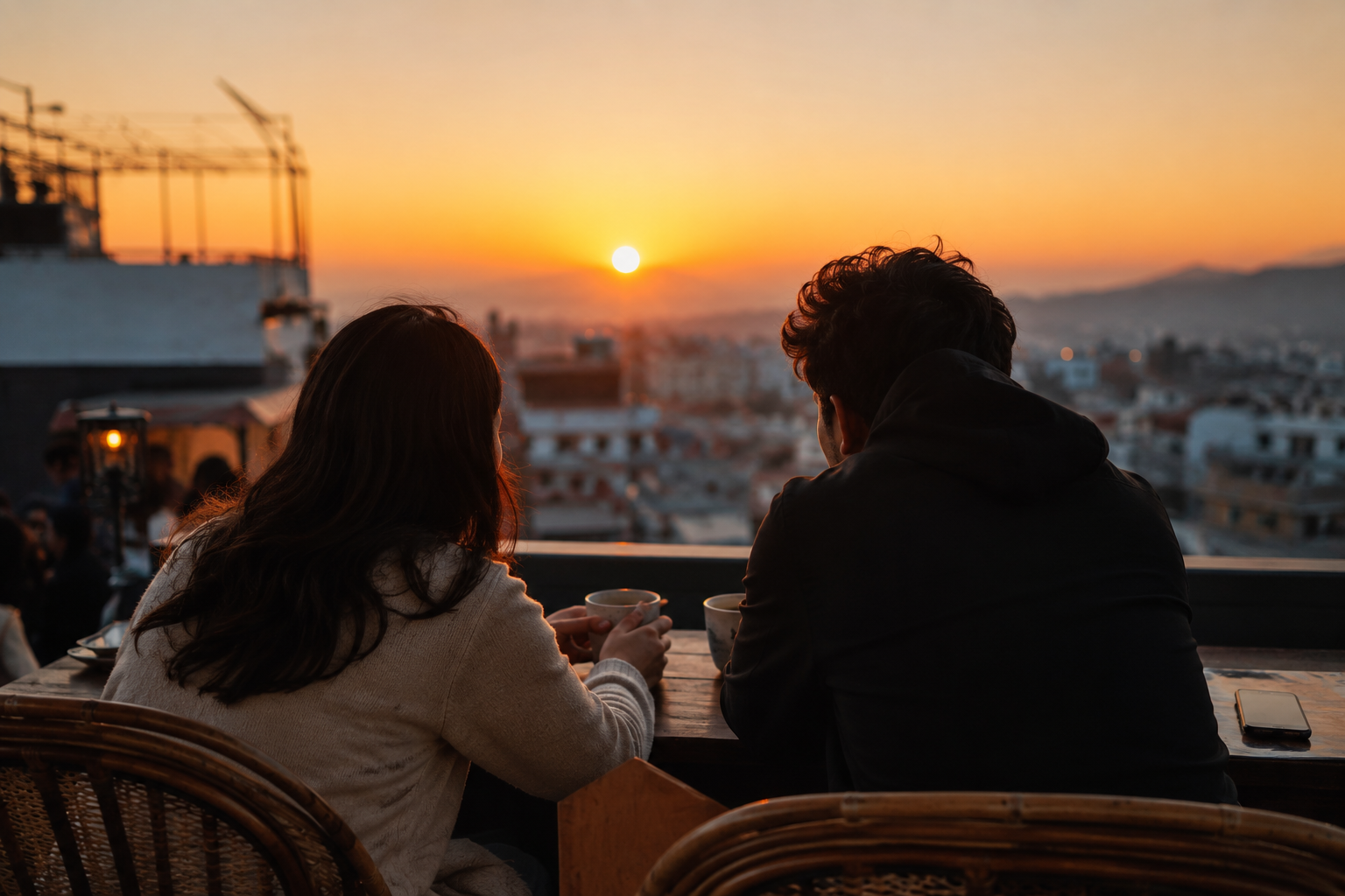 A couple at a rooftop cafe with warm drinks watching a golden sunset