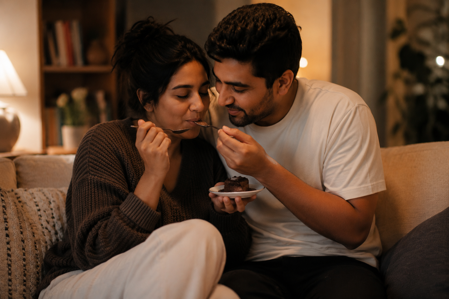 Romantic dessert date night with couple enjoying easy dessert recipes at home