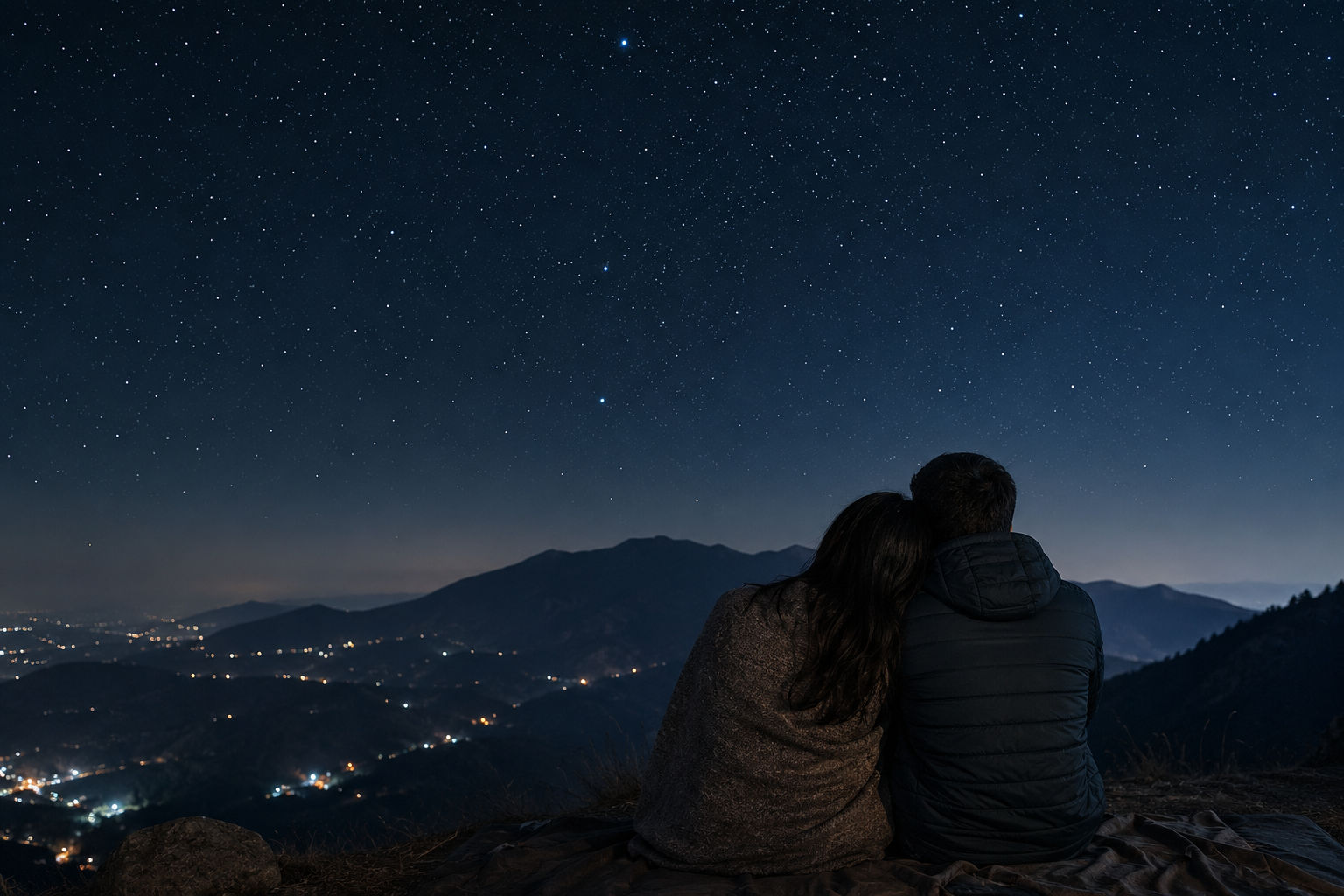A couple wrapped in warm layers stargazing under a clear starry night sky in the hills
