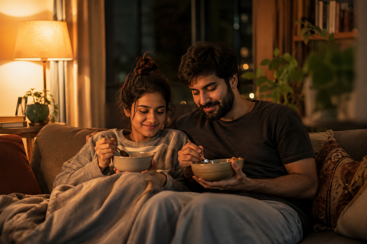 A couple curled up together on a sofa with warm bowls of dinner