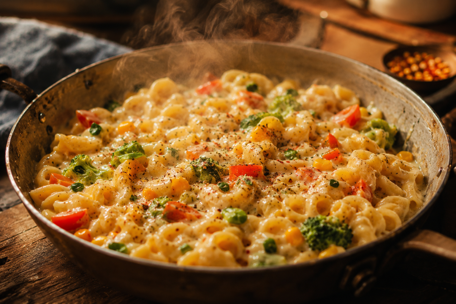 A single pan of creamy one-pot pasta with vegetables