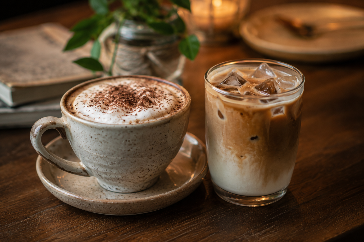 Two homemade cafe-style drinks, a frothy cappuccino and a cold coffee